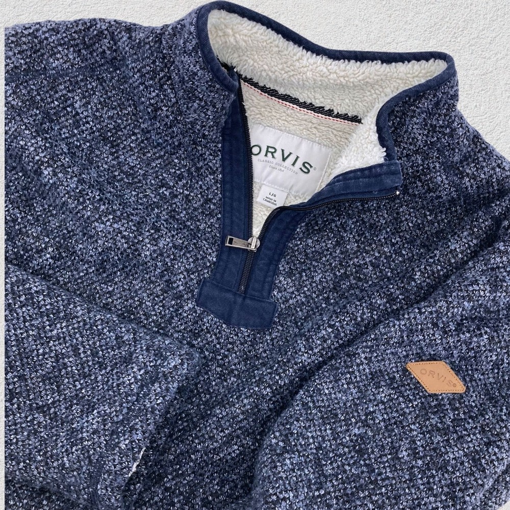 Orvis Sherpa‎ Lined Quarter Zip Pullover Sweater Fleece Men Blue L Cozy Gorpcore